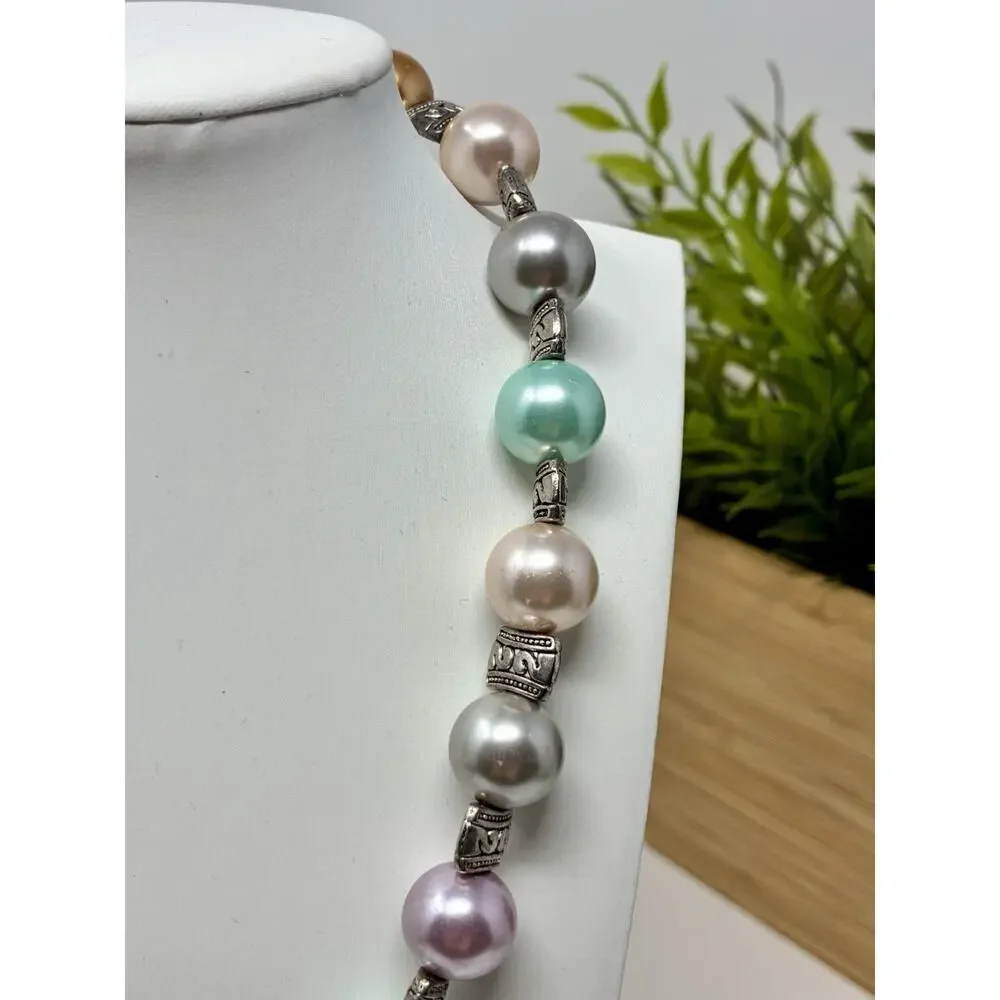 Pastel Faux pearl necklace with antiqued Silver Tone metal spacer beads.
